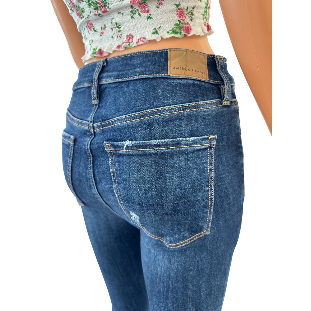 American Eagle Skinny Jeans Womens 2 Short Dark Wash Distressed Ripped FrayedHem - Picture 8 of 16